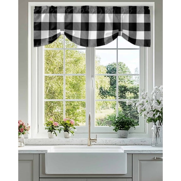 Black White Buffalo Plaid Tie Up Valances Curtain, Adjustable Kitchen Modern Abstract Valances for Windows Decor, Rod Pocket Short Curtains Set for Bedroom/Bathroom, 60"x18"