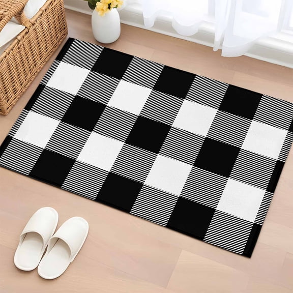 Black White Buffalo Plaid Washable Small Entryway Area Rugs 2'x3', Modern Abstract Low Pile Throw Rug Non-Slip Sturdy Edge Binding Carpet for Front Door Floor Room Entry