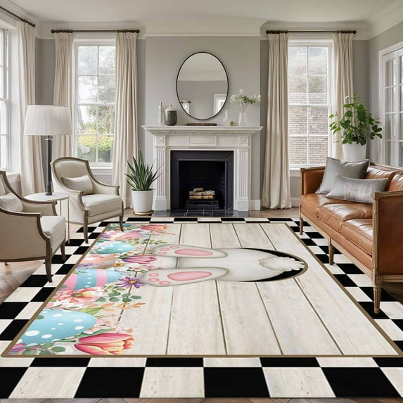 Black White Bunny Easter Area Rugs 5'x7', Small Throw Rugs for Laundry Room Playroom, Eggs Spring Floral Rabbits Wooden Indoor Outdoor Rug Non-Slip Low Pile Carpet Runner Reversible Floor Mats