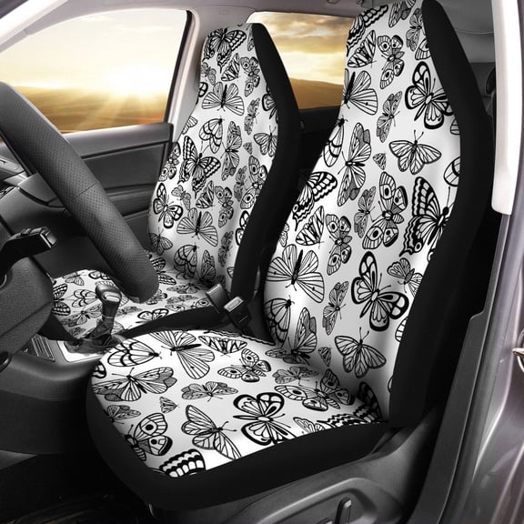 Black & White Butterfly Car Seat Covers – Elegant Floral Insect Pattern Auto Seat Protector, Aesthetic Monochrome Car Décor
