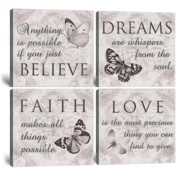Black and White Butterfly Family Inspirational Canvas Wall Art Quotes Love Dream Faith Believe Bathroom Office Wall Decor Posters Picture Prints Framed Artwork Ready to Hang(12''''W x 12''''H x 4)
