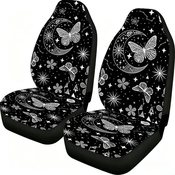 Black White Butterfly Moon Star Print Car Seat Covers 2 Piece, Mesh Fabric Front Seat Protectors Universal Fit for Cars Suvs Trucks Vans