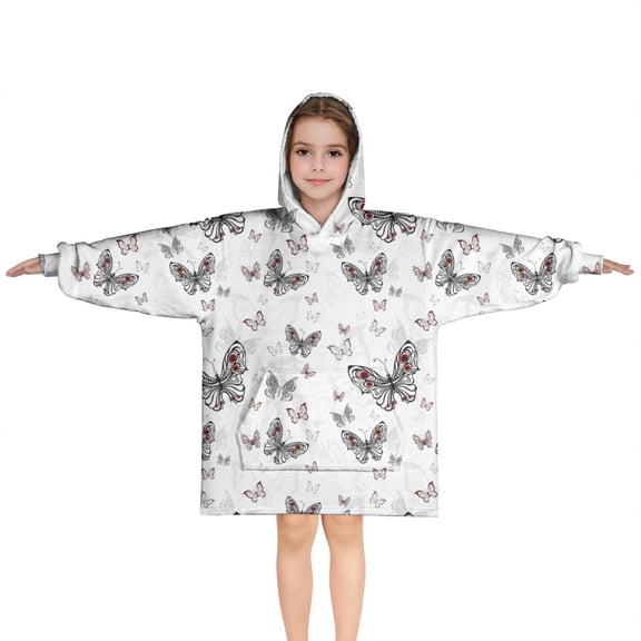 Black White Butterfly Pattern Blanket Hoodies for Kids 6-13YR Oversize Wearable Blanket Hoodies for Boys Girls Teens