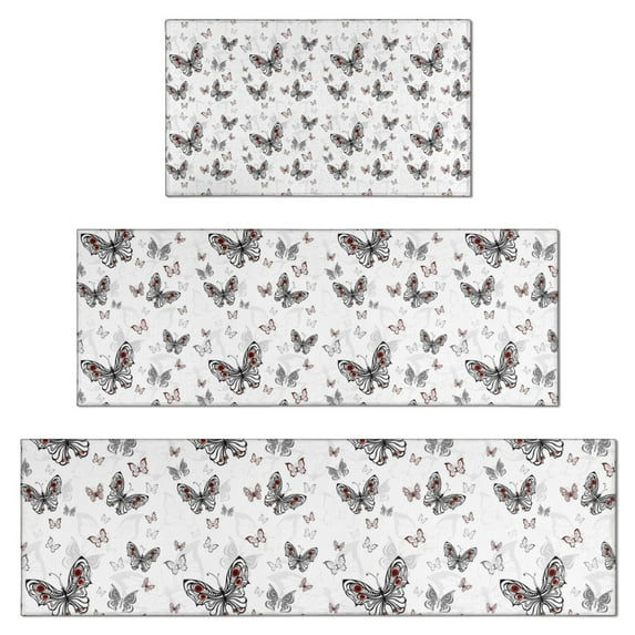 Black White Butterfly Pattern Kitchen Rugs Sets Of 3,Kitchen Runner Rugs Non Skid Washable,Decorative Kitchen Floor Mats for Kitchen,Sink,Laundry,17"x30"+ 17"x47" + 17"x59"
