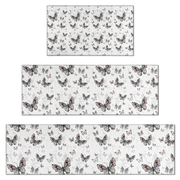 Black White Butterfly Pattern Kitchen Rugs Sets Of 3,Kitchen Runner Rugs Non Skid Washable,Decorative Kitchen Floor Mats for Kitchen,Sink,Laundry,17"x30"+ 17"x47" + 17"x59"