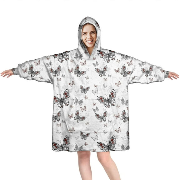 Black White Butterfly Pattern Wearable Oversized Blanket,Wearable Blanket Hoodie for Adults,Cozy Hooded Blankets with Super Pockets,Super Warm Fuzzy Pullover for Women & Men