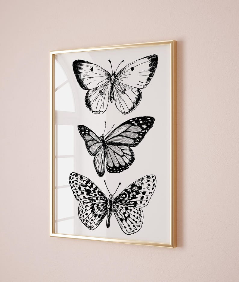Black White Butterfly Poster, Maximalist Preppy Wall Art, Boho Decor ...