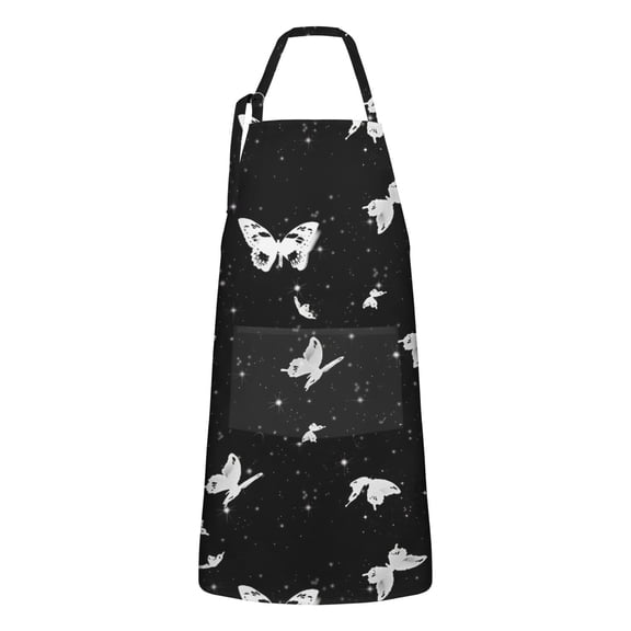 Black White Butterfly Star Pattern Apron-Garden Aprons for Women with Pockets-Cotton Linen Waterproof Kitchen Cooking Gardening Aprons Adjustable for Kitchen,Cooking,BBQ and Salon 33x27 Inch