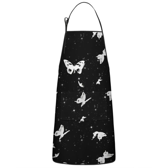 Black White Butterfly Star Pattern Apron-Garden Aprons for Women with Pockets-Cotton Linen Waterproof Kitchen Cooking Gardening Aprons Adjustable for Kitchen,Cooking,BBQ and Salon 33x27 Inch