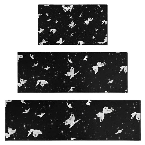 Black White Butterfly Star Pattern Kitchen Rugs Sets Of 3,Kitchen Runner Rugs Non Skid Washable,Decorative Kitchen Floor Mats for Kitchen,Sink,Laundry,17"x30"+ 17"x47" + 17"x59"