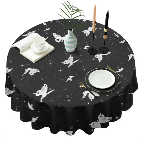 Black White Butterfly Star Pattern Round Tablecloth 60"x60",Wrinkle Wipeable Table Cloth for Kitchen Dining Room Picnic Patio Party