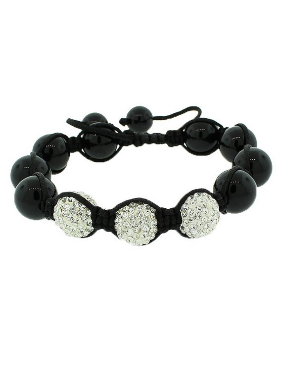 Black White CZ Ball Beaded Adjustable Macrame Bracelet
