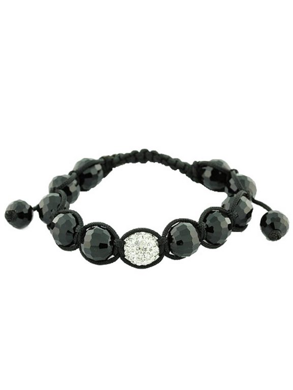 Black White CZ Ball Beaded Adjustable Simulated Onyx Macrame Bracelet