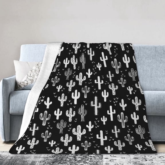 Black White Cactus Blanket Gift Throw Blanket Desert Western Pattern Gift for Cactus Lovers Boho Decor 50x40
