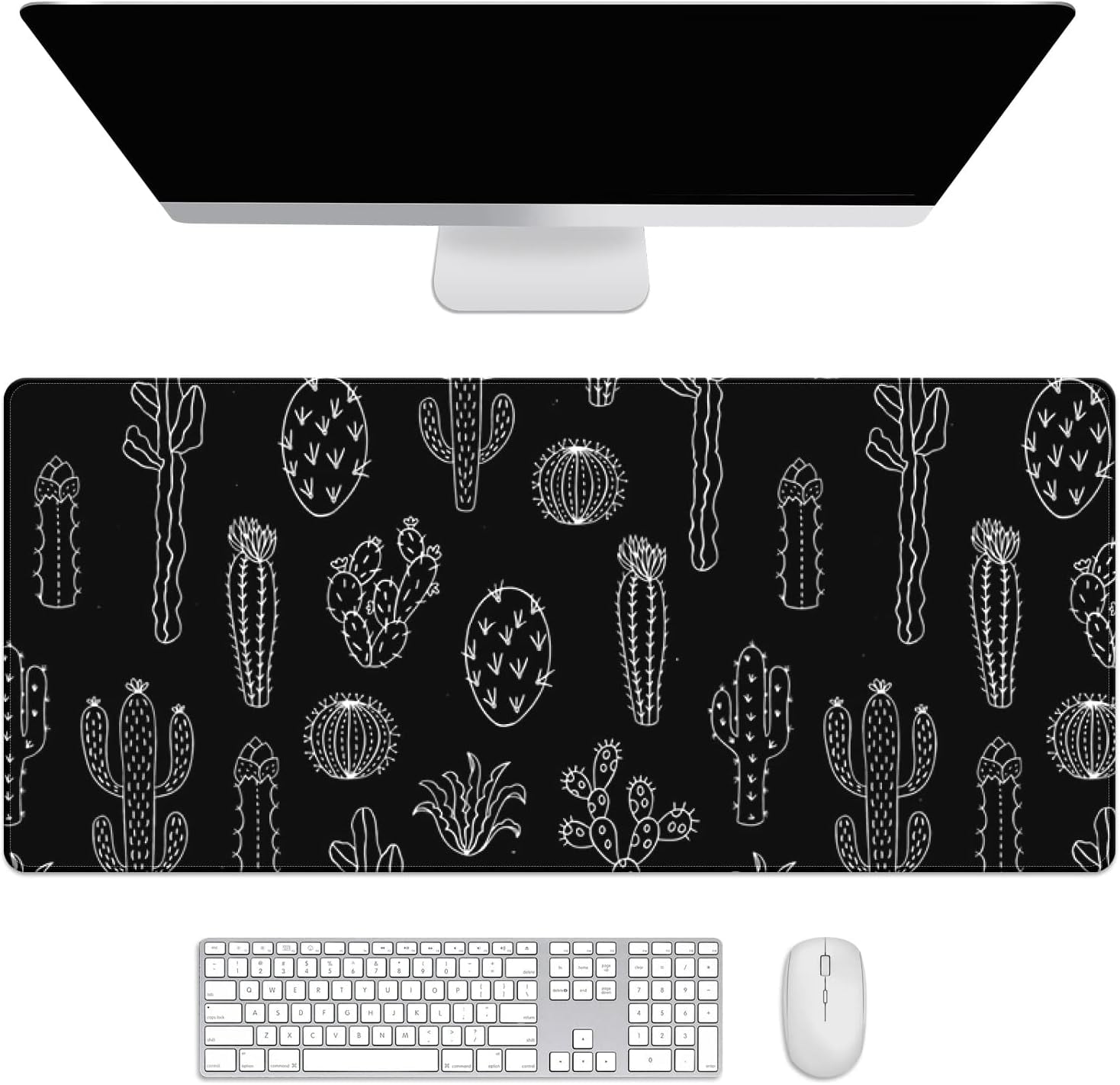 Black and White Cactus Plants Desk Mat, Desk Accessory, Cute Workspace, Trendy Workspace, Trendy, 35.4x15.7in Large Gaming Mouse Pad, Cute Desk Topper, Pretty Desk Pad