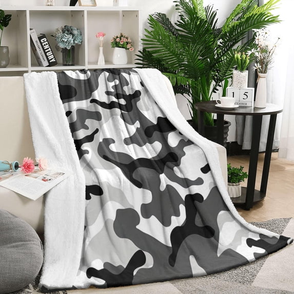 Black White Camo Digital Shapes Pattern Blanket,Comfortable Soft Lamb Wool Throw Blanket,All Season,Warm Lightweight Blankets for Sofa Bed Couch Living Room Chair,50"x60"