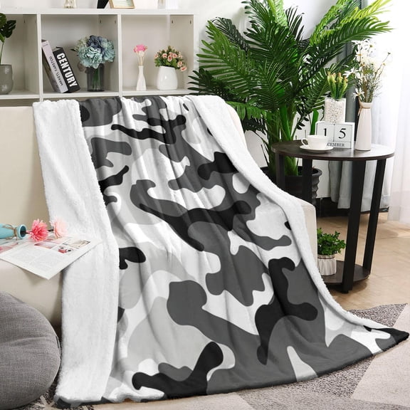 Black White Camo Digital Shapes Pattern Blanket,Comfortable Soft Lamb Wool Throw Blanket,All Season,Warm Lightweight Blankets for Sofa Bed Couch Living Room Chair,60"x80"