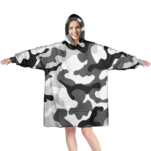 Black White Camo Digital Shapes Pattern Wearable Oversized Blanket,Wearable Blanket Hoodie for Adults,Cozy Hooded Blankets with Super Pockets,Super Warm Fuzzy Pullover for Women & Men