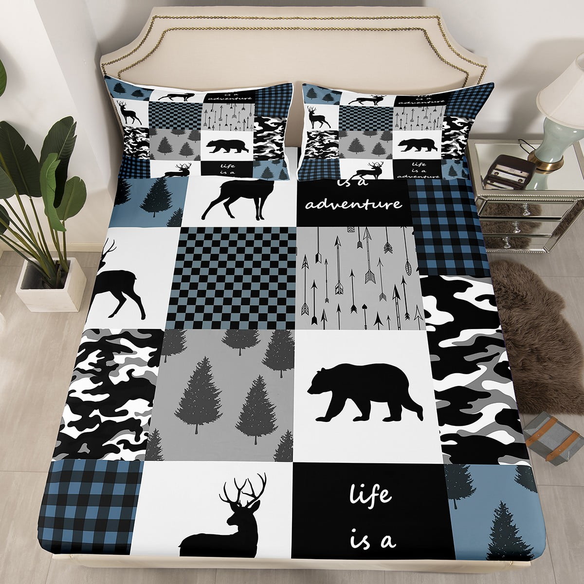 Black and White Camouflage Bed Sheets Woodland Wildlife Bear Elk Deer