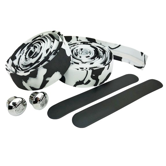 Black - White Camouflage EVA Road Bike Handlebar Tape, Cycling Wraps w/ End Caps