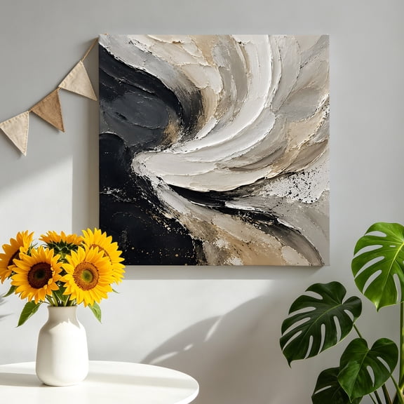 Black White Canvas Wall Art, Abstract Minimalist Swirl Wave Oil Painting Texture Framed Picture Canvas Wall Art Print Decor Artwork Decorations for Living Room Bedroom Ready to Hang 8" x 8"