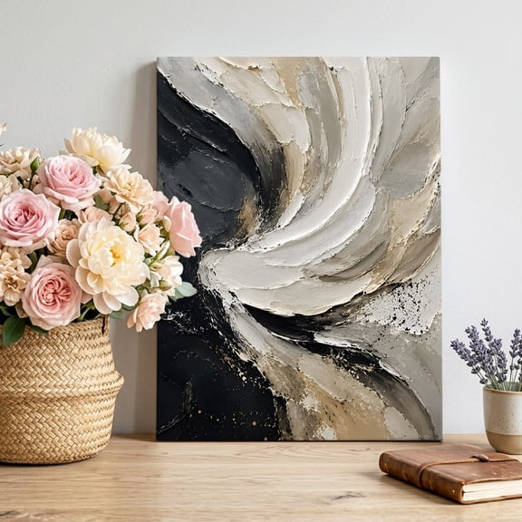 Black White Canvas Wall Art, Abstract Minimalist Swirl Wave Oil Painting Texture Framed Picture Canvas Wall Art Print Decor Artwork Decorations for Living Room Bedroom Ready to Hang 20" x 16"
