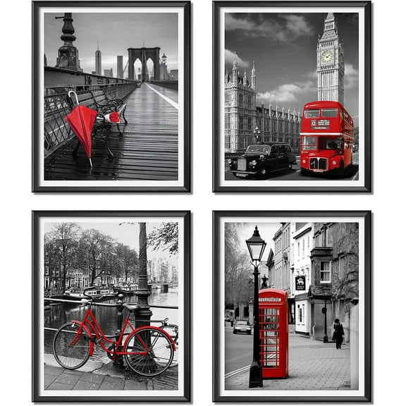Black and White Canvas Wall Art for Living Room Bedroom London Bus Bike Brooklyn Bridge with Red Umbrella Wall Decor Cityscape Paintings Prints (8" x 10", Unframed) 4 Pieces