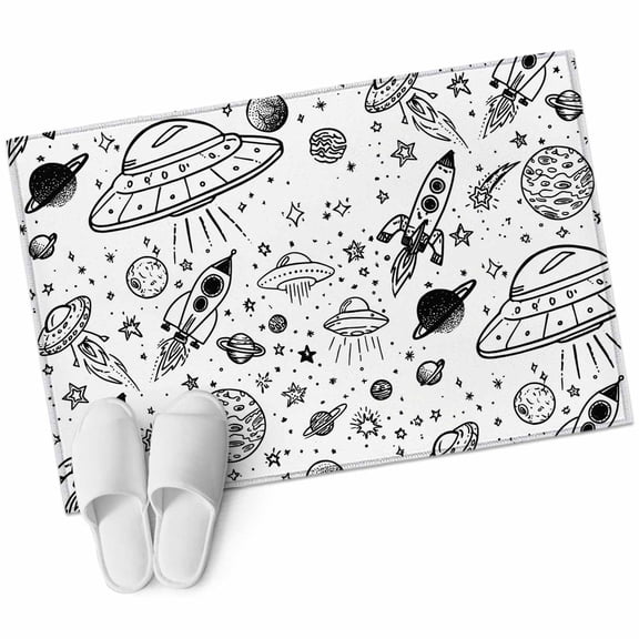 Black White Cartoon Space Bathroom Rug Washable 2x3 Entryway Rug Non Slip Star Spacecraft Rocket Meteorite Front Door Mat Low Pile Indoor Doormat Throw Floor Carpet for Kitchen Bedroom Entrance