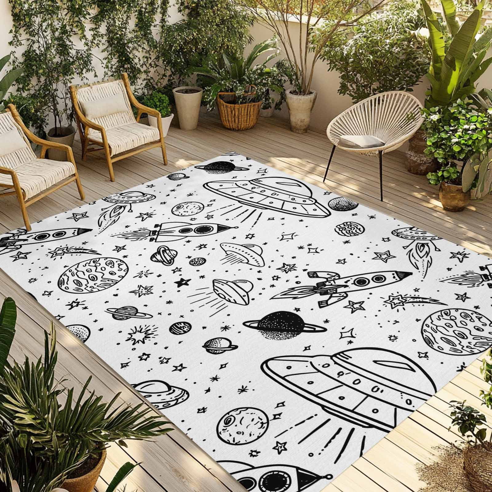 Spacecraft Rug Black White Cartoon Space Outdoor Rug for Patio/Deck/Porch, Non-Slip ...