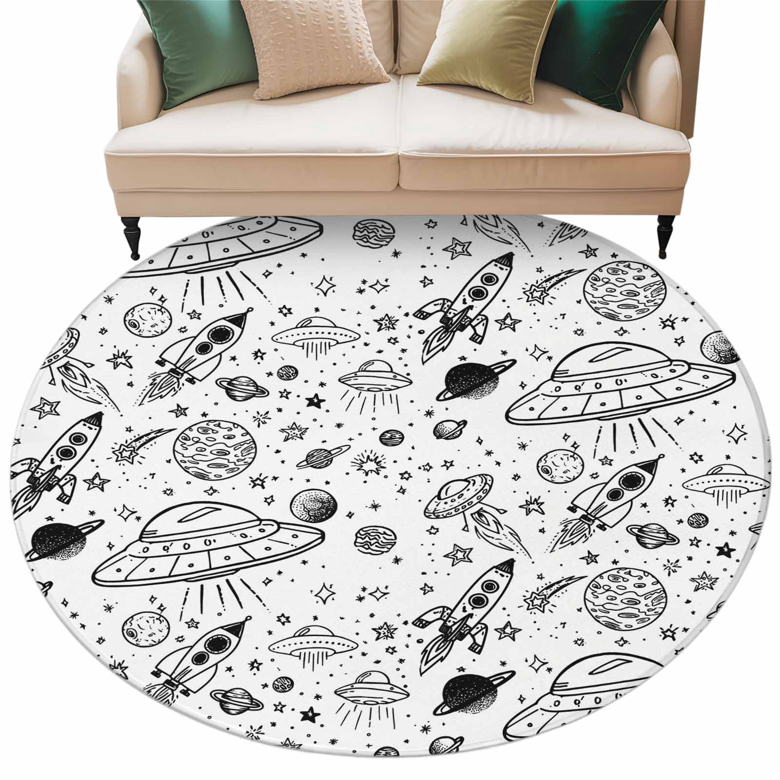 Spacecraft Rug Black White Cartoon Space Round Rug 5ft Washable Circle Kitchen Rugs ...