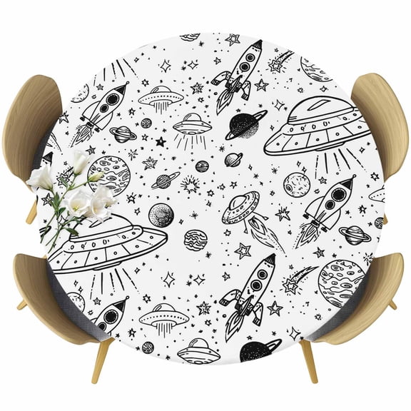 Black White Cartoon Space Round Tablecloth 55-60 Inch Round Fitted Table Cloth with Elastic Edge, Star Spacecraft Rocket Meteorite Waterproof Table Cover Protector for Outdoor Picnic Party Dining