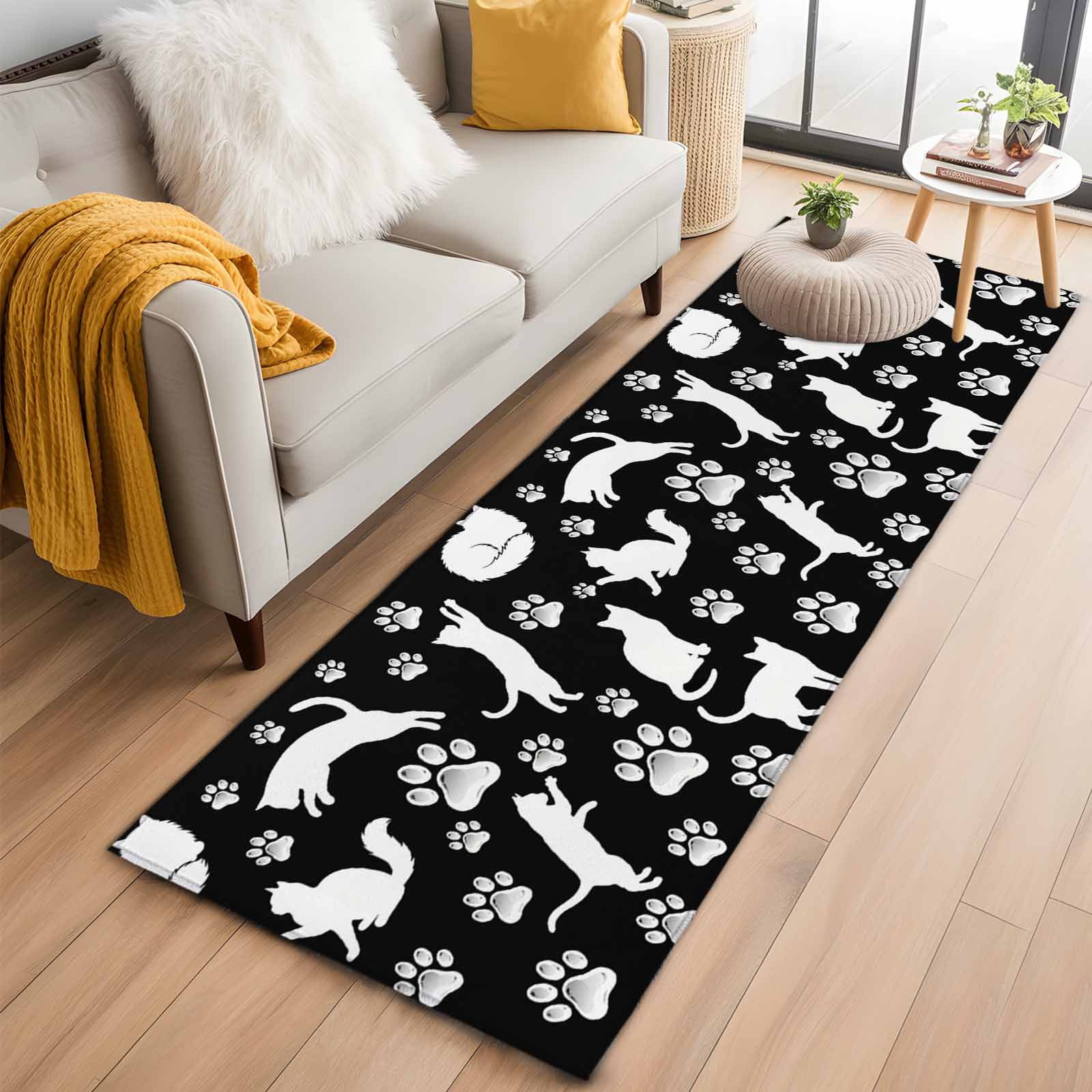 Black White Cat 2'x6' Runner Rugs for Hallway Kitchen Bedside Non Slip