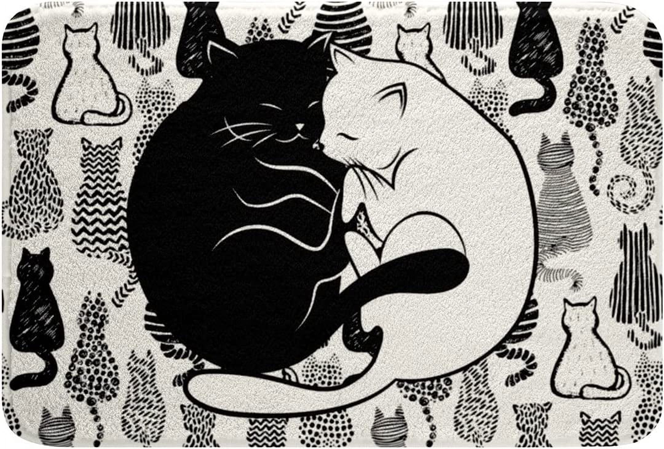 Black White Cat Bathroom Rug,Geometric Stripes No Slip Bath Mat