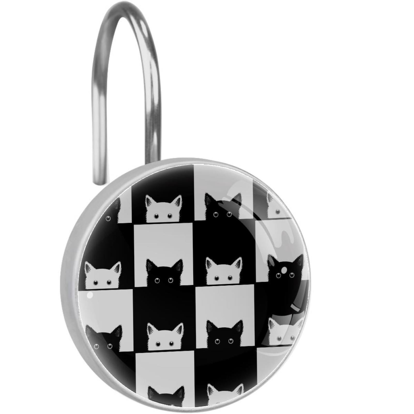 Black White Cat Chess Board Shower Curtain Hooks（Set of 12）for Home Hotel Shower Rods Bathroom Crystal Glass Print Stainless Steel Round Curtain Hooks