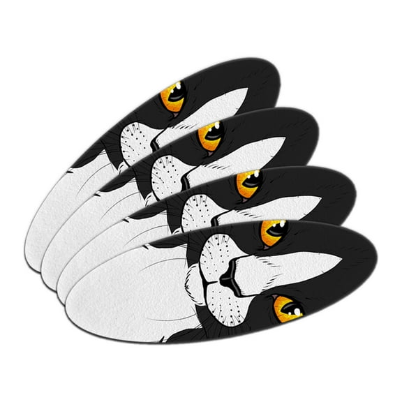 Black White Cat Face - Pet Kitty Double-Sided Oval Nail File Emery Board 4 Pack
