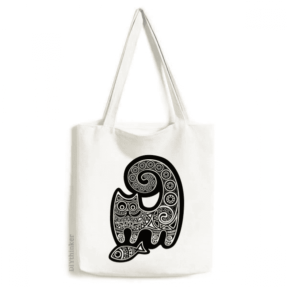 Black White Cat Fish Pattern Tote Canvas Bag Shopping Satchel Casual Handbag