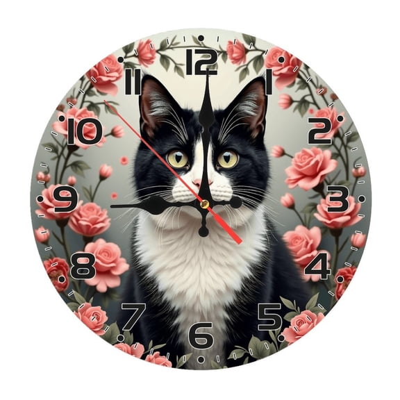 Black White Cat Flower Wall Clock 10 Inch Silent Non Ticking Round Wooden Clock Decoration for Living Room Kitchen Bedroom Bathroom Office Classroom