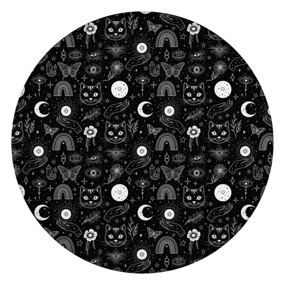 Black White Cat Hand Rainbow Eye Moon Flower Pattern Round Fitted Tablecloth with Elastic Edge,Dining Table Cover Waterproof,Outdoor Round Tablecloth for Camping,Dining,Indoor and Outdoor