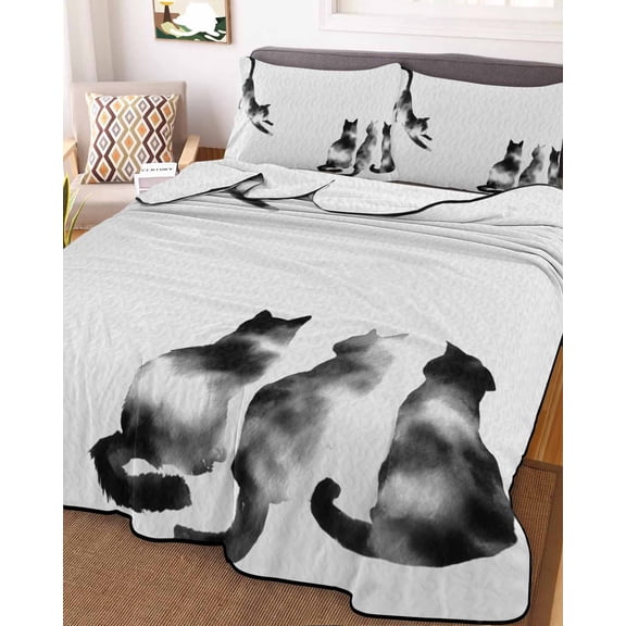 Black White Cat King Size Down Alternative Comforter, Lightweight Comforter Quilt Bedding Set with Pillow Shams Retro Art Animals All Seasons Bed Comforter Duvet Insert 96"x106"