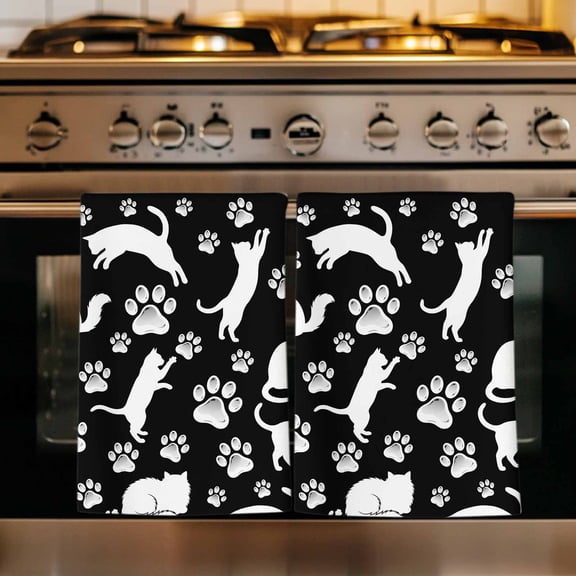 Black White Cat Kitchen Towels Set of 1, Cat Paw Cute Silhouette Absorbent Dish Towels for Kitchen, Microfiber Hand Towel, Quick Drying Tea Towel for Cleaning Decorative Dishcloths