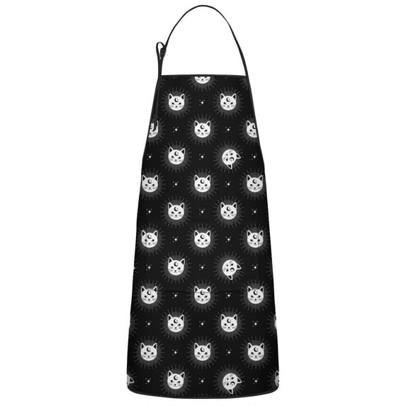 Black White Cat Moon Star Pattern Apron-Garden Aprons for Women with Pockets-Cotton Linen Waterproof Kitchen Cooking Gardening Aprons Adjustable for Kitchen,Cooking,BBQ and Salon 33x27 Inch