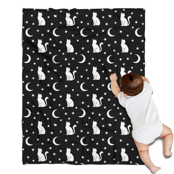Black White Cat Moon Star Pattern Blanket,Comfortable Soft Flannel Throw Blanket,All Season,Warm Lightweight Blankets for Sofa Bed Couch Living Room Chair,30"x40"