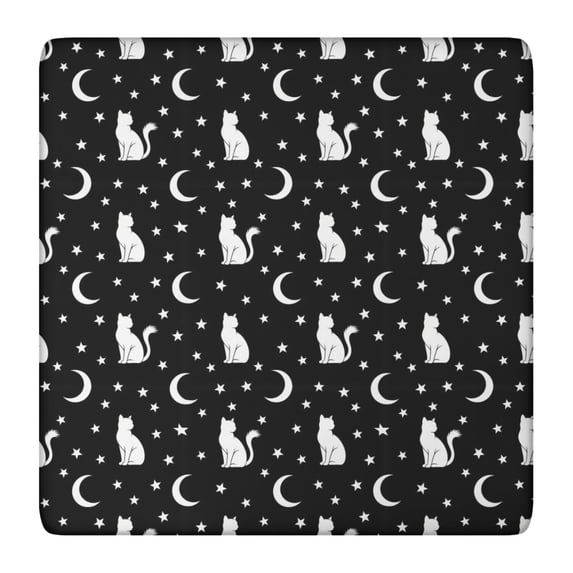 Black White Cat Moon Star Pattern Square Fitted Tablecloth with Elastic Edge,Square Table Cover,Washable Elastic Table Cover for Home Kitchen Party Decor 36"x36"