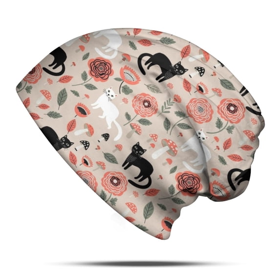 Black and White Cat and Mushroom Slouchy Beanie Hat, Sleep Head ...