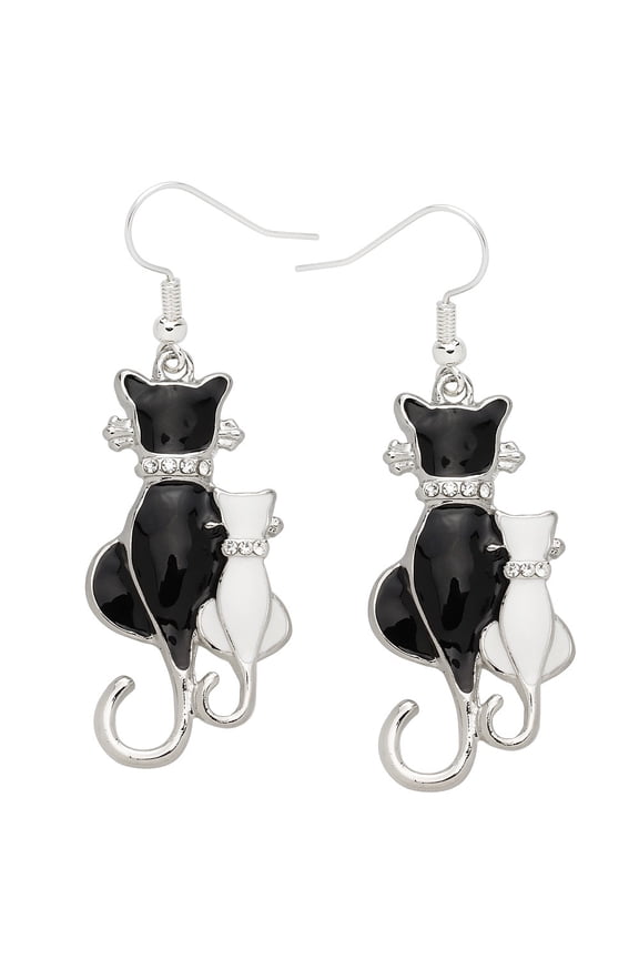 Black White Cat Pendant Necklace or Earring Rhinestone Crystal Rhodium Plated 17 Inch Snake Chain E0749