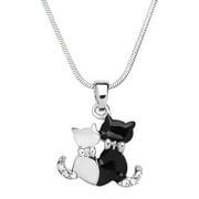 Black White Cat Pendant Necklace or Earring Rhinestone Crystal Rhodium Plated 17 Inch Snake Chain J0356