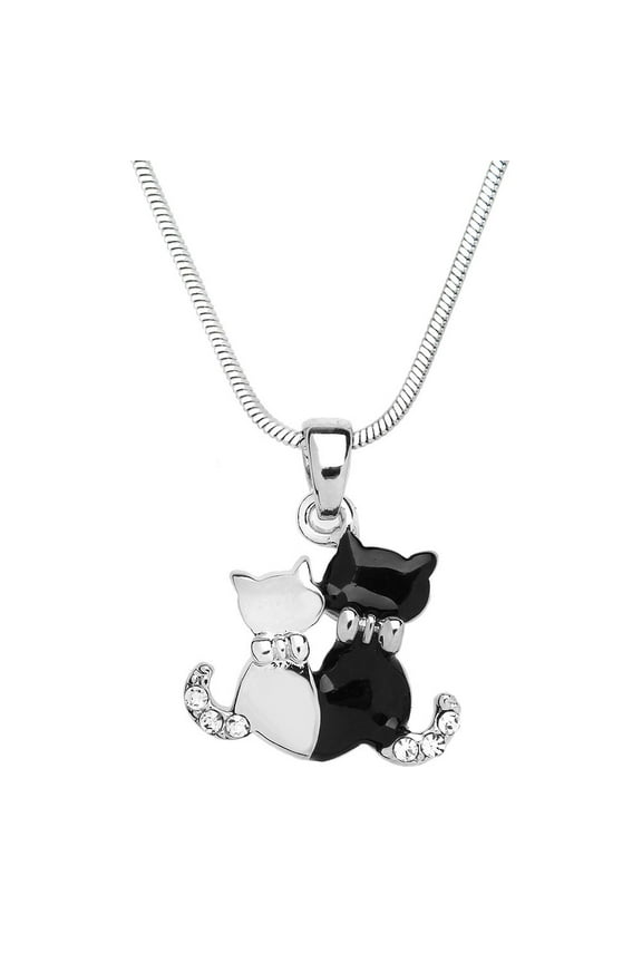Black White Cat Pendant Necklace or Earring Rhinestone Crystal Rhodium Plated 17 Inch Snake Chain J0356