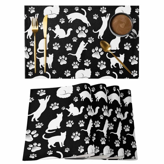 Black White Cat Placemats Set of 4 Cat Paw Cute Silhouette Place Mats Indoor Wipeable Table Mats Washable Cloth Dining Table Placemats for Kitchen Holiday Party Home Decor 13x19 Inch
