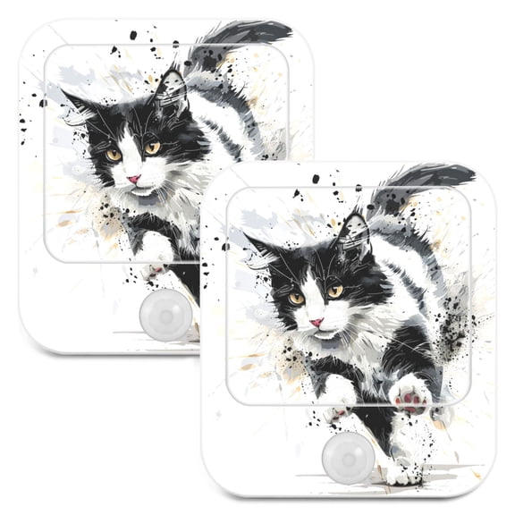 Black and White Cat Run Night Lights Plug into Wall LED with Auto Light Sensor Warm Light for Kids Hallway Bedroom Living Room Kitchen Bathroom Set of 2
