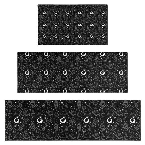 Black White Cat Snake Book Moon Star Pattern Kitchen Rugs Sets Of 3,Kitchen Runner Rugs Non Skid Washable,Decorative Kitchen Floor Mats for Kitchen,Sink,Laundry,17"x30"+ 17"x47" + 17"x59"